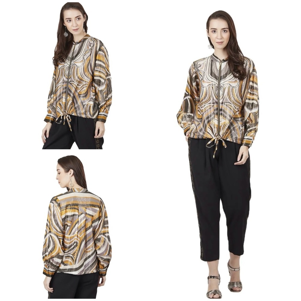 LABEL Ritu Kumar Full Zip Metallic Lurex Graphic Zig Zag Swirls Retro Jacket M​